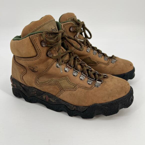 Vintage 90s Timberland Hiking Boots Womens 8 M Tan Brown Nubuck Leather Chunky - Picture 1 of 11